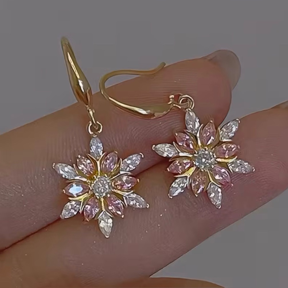 Snowflake Earrings with Pink Glass Inlay Gorgeous Modern New